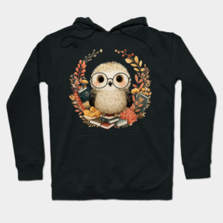 Wise Owl Scholar in a Floral Wreath - Dark Academia Folk Art Hoodie