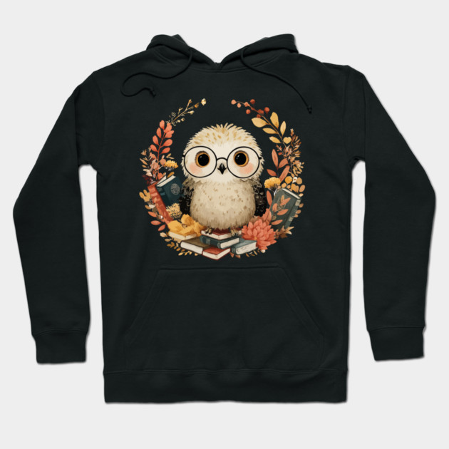 Wise Owl Scholar in a Floral Wreath - Dark Academia Folk Art Hoodie by TuncGK