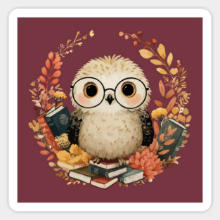 Wise Owl Scholar in a Floral Wreath - Dark Academia Folk Art Sticker
