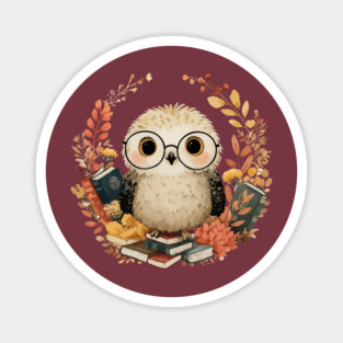 Wise Owl Scholar in a Floral Wreath - Dark Academia Folk Art Magnet