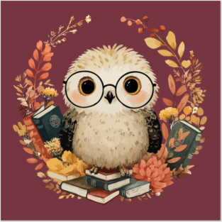 Wise Owl Scholar in a Floral Wreath - Dark Academia Folk Art Posters and Art