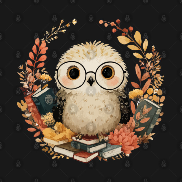 Wise Owl Scholar in a Floral Wreath - Dark Academia Folk Art by TuncGK