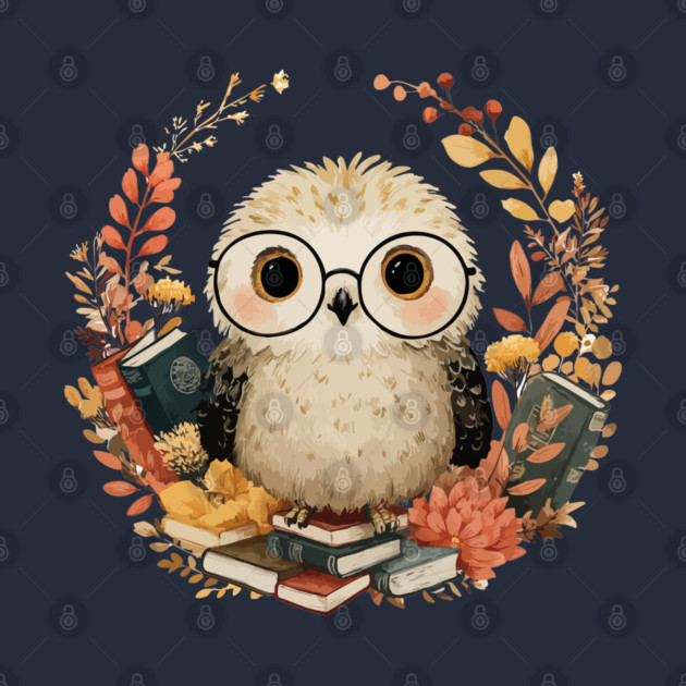 Wise Owl Scholar in a Floral Wreath - Dark Academia Folk Art by TuncGK