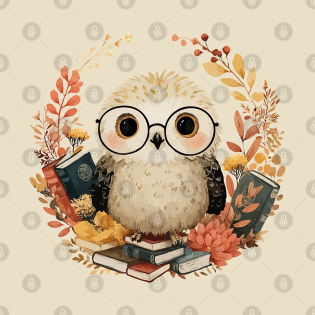 Wise Owl Scholar in a Floral Wreath - Dark Academia Folk Art by TuncGK