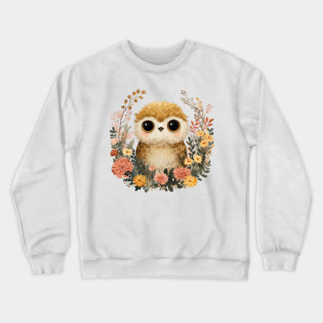 Baby Owl in a Floral Wreath - Woodland Nursery Decor Crewneck Sweatshirt by TuncGK
