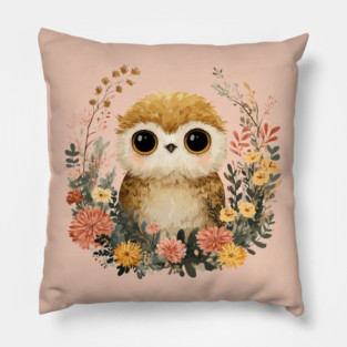 Baby Owl in a Floral Wreath - Woodland Nursery Decor Pillow
