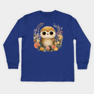 Baby Owl in a Floral Wreath - Woodland Nursery Decor Kids Long Sleeve T-Shirt
