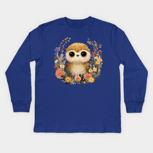 Baby Owl in a Floral Wreath - Woodland Nursery Decor Kids Long Sleeve T-Shirt by TuncGK