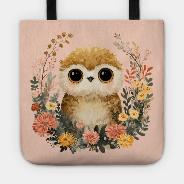 Baby Owl in a Floral Wreath - Woodland Nursery Decor Tote by TuncGK