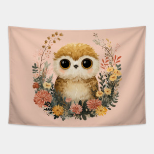 Baby Owl in a Floral Wreath - Woodland Nursery Decor Tapestry