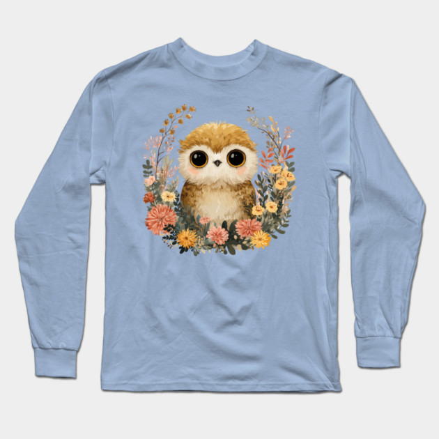 Baby Owl in a Floral Wreath - Woodland Nursery Decor Long Sleeve T-Shirt by TuncGK