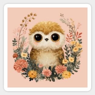 Baby Owl in a Floral Wreath - Woodland Nursery Decor Magnet