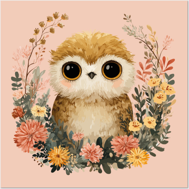 Baby Owl in a Floral Wreath - Woodland Nursery Decor Wall Art by TuncGK