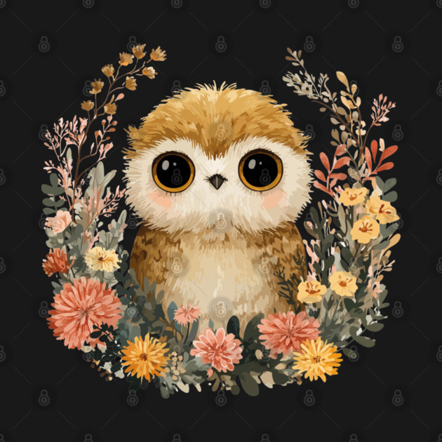 Baby Owl in a Floral Wreath - Woodland Nursery Decor by TuncGK