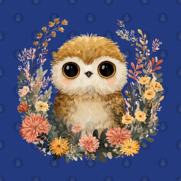 Baby Owl in a Floral Wreath - Woodland Nursery Decor by TuncGK
