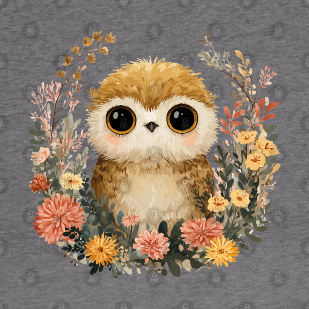 Baby Owl in a Floral Wreath - Woodland Nursery Decor by TuncGK