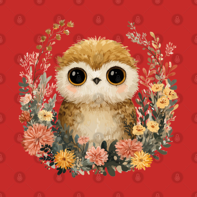 Baby Owl in a Floral Wreath - Woodland Nursery Decor by TuncGK