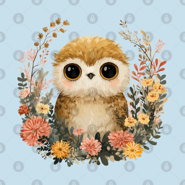 Baby Owl in a Floral Wreath - Woodland Nursery Decor by TuncGK