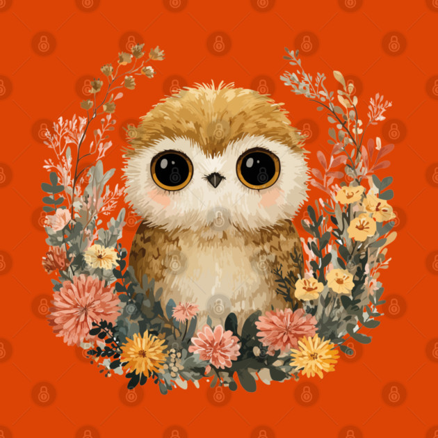 Baby Owl in a Floral Wreath - Woodland Nursery Decor by TuncGK