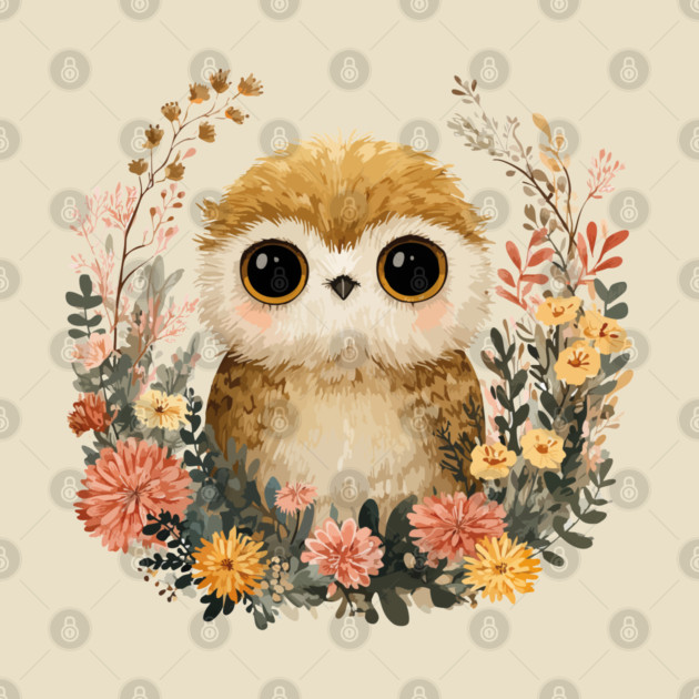 Baby Owl in a Floral Wreath - Woodland Nursery Decor by TuncGK
