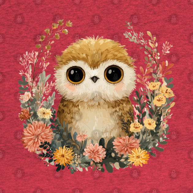 Baby Owl in a Floral Wreath - Woodland Nursery Decor by TuncGK