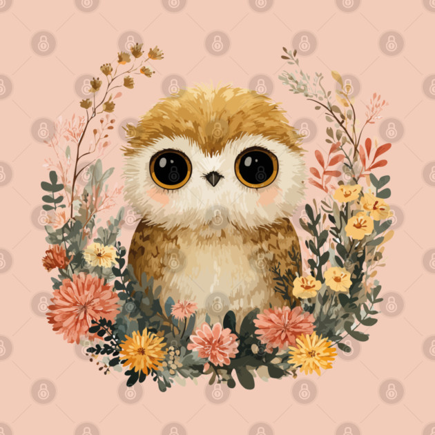 Baby Owl in a Floral Wreath - Woodland Nursery Decor by TuncGK