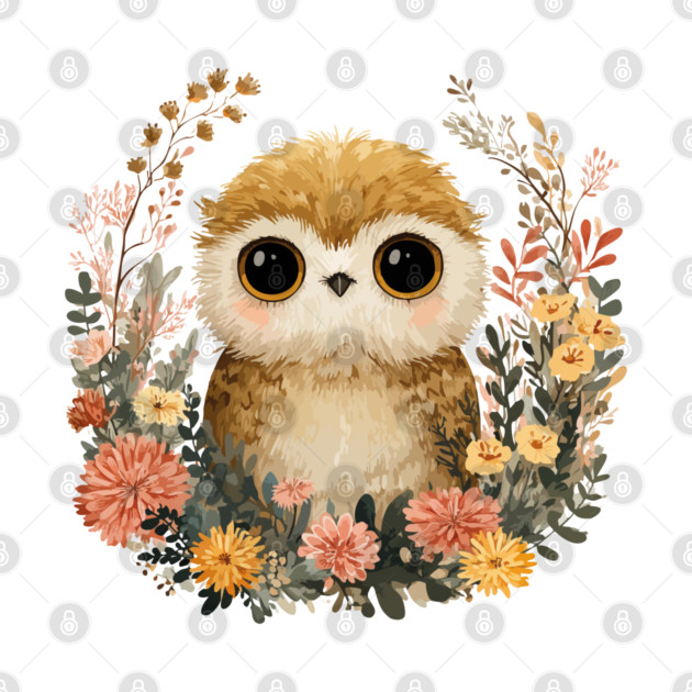 Baby Owl in a Floral Wreath - Woodland Nursery Decor by TuncGK