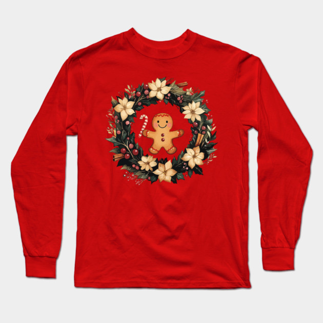 Gingerbread Man in a Christmas Wreath - Cozy Holiday Baking Art Long Sleeve T-Shirt by TuncGK