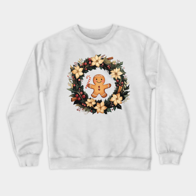 Gingerbread Man in a Christmas Wreath - Cozy Holiday Baking Art Crewneck Sweatshirt by TuncGK