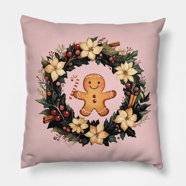 Gingerbread Man in a Christmas Wreath - Cozy Holiday Baking Art Pillow by TuncGK