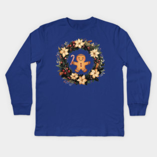 Gingerbread Man in a Christmas Wreath - Cozy Holiday Baking Art Kids Long Sleeve T-Shirt