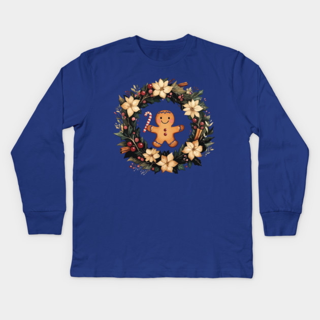 Gingerbread Man in a Christmas Wreath - Cozy Holiday Baking Art Kids Long Sleeve T-Shirt by TuncGK