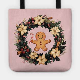 Gingerbread Man in a Christmas Wreath - Cozy Holiday Baking Art Tote