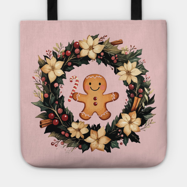 Gingerbread Man in a Christmas Wreath - Cozy Holiday Baking Art Tote by TuncGK