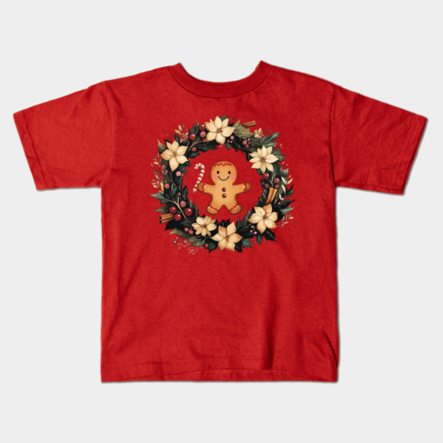 Gingerbread Man in a Christmas Wreath - Cozy Holiday Baking Art Kids T-Shirt by TuncGK