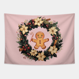 Gingerbread Man in a Christmas Wreath - Cozy Holiday Baking Art Tapestry