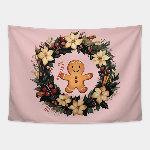 Gingerbread Man in a Christmas Wreath - Cozy Holiday Baking Art Tapestry by TuncGK
