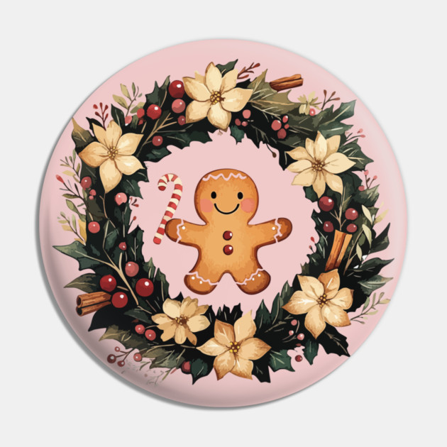 Gingerbread Man in a Christmas Wreath - Cozy Holiday Baking Art Pin by TuncGK