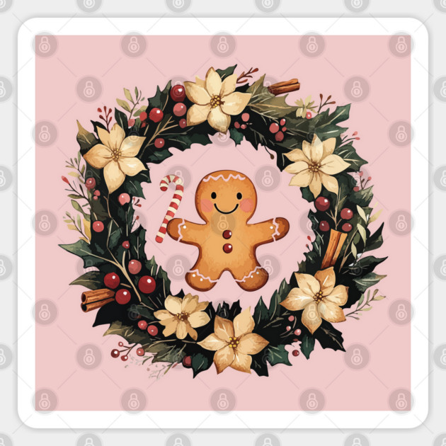 Gingerbread Man in a Christmas Wreath - Cozy Holiday Baking Art Sticker by TuncGK