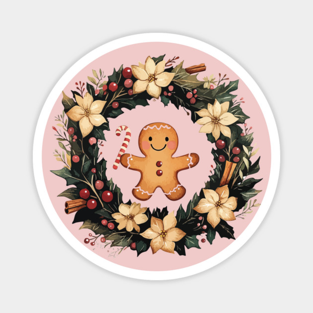 Gingerbread Man in a Christmas Wreath - Cozy Holiday Baking Art Magnet by TuncGK