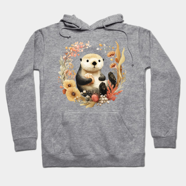 Sea Otter in a Kelp Wreath - Marine Biology Folk Art Hoodie by TuncGK