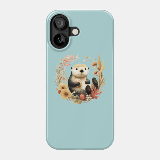 Sea Otter in a Kelp Wreath - Marine Biology Folk Art Phone Case by TuncGK