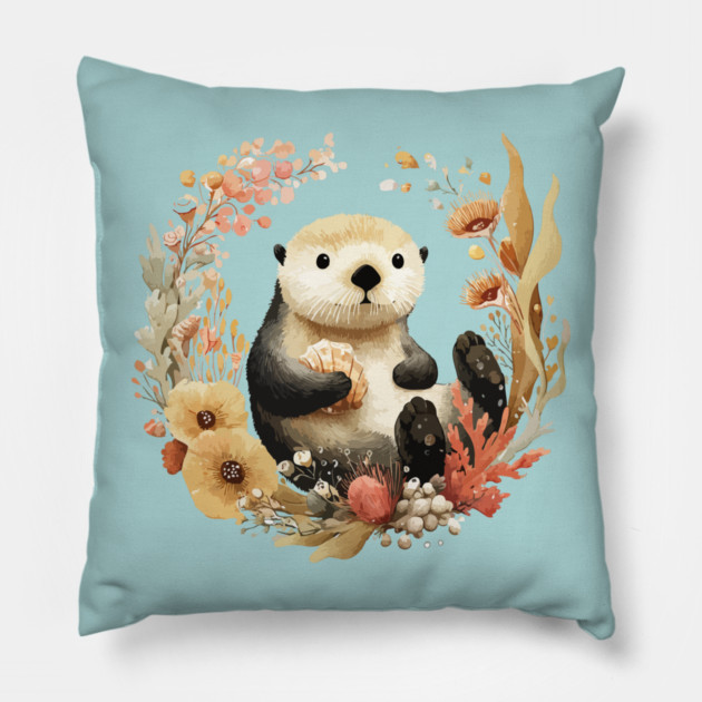 Sea Otter in a Kelp Wreath - Marine Biology Folk Art Pillow by TuncGK