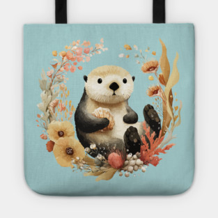 Sea Otter in a Kelp Wreath - Marine Biology Folk Art Tote