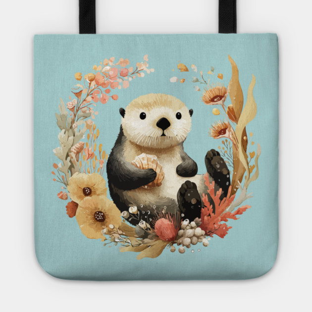 Sea Otter in a Kelp Wreath - Marine Biology Folk Art Tote by TuncGK
