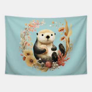 Sea Otter in a Kelp Wreath - Marine Biology Folk Art Tapestry