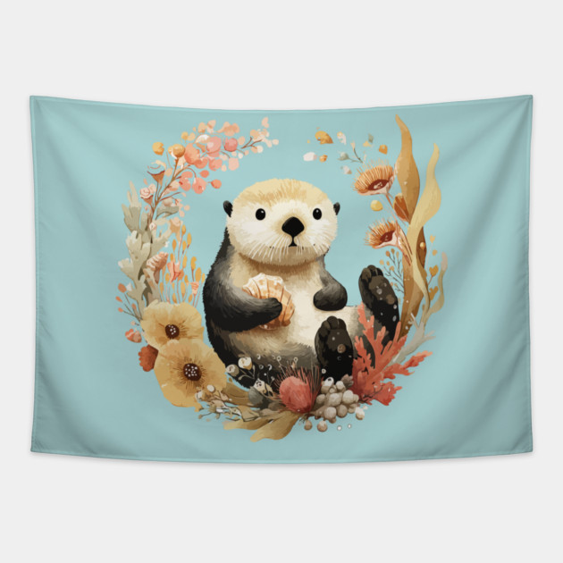 Sea Otter in a Kelp Wreath - Marine Biology Folk Art Tapestry by TuncGK