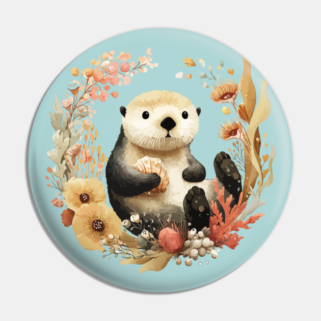 Sea Otter in a Kelp Wreath - Marine Biology Folk Art Pin by TuncGK