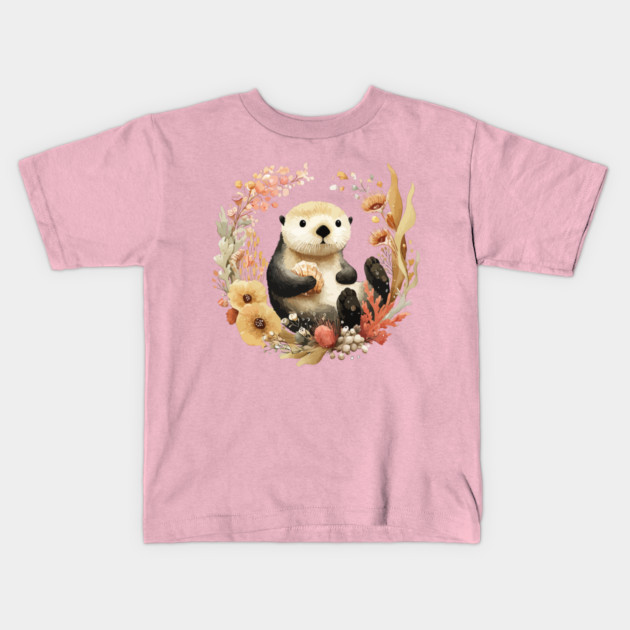 Sea Otter in a Kelp Wreath - Marine Biology Folk Art Kids T-Shirt by TuncGK