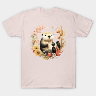 Sea Otter in a Kelp Wreath - Marine Biology Folk Art T-Shirt
